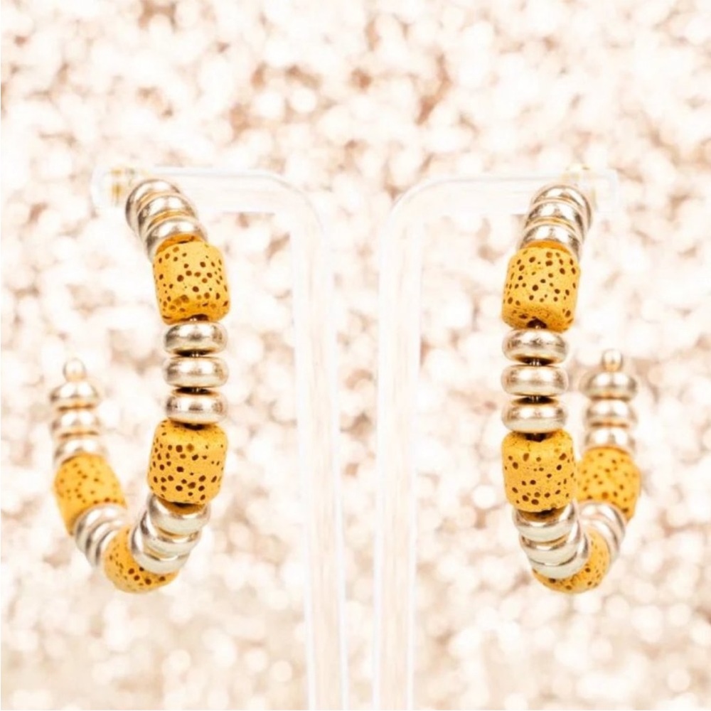Elegant Silver and Yellow Beaded Hoop Earrings
